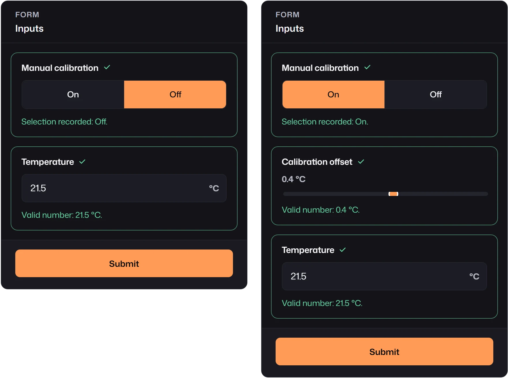 The same form mounted twice. On the left, Manual calibration is Off and only Temperature follows. On the right, Manual calibration is On and a Calibration offset slider appears between the two.
