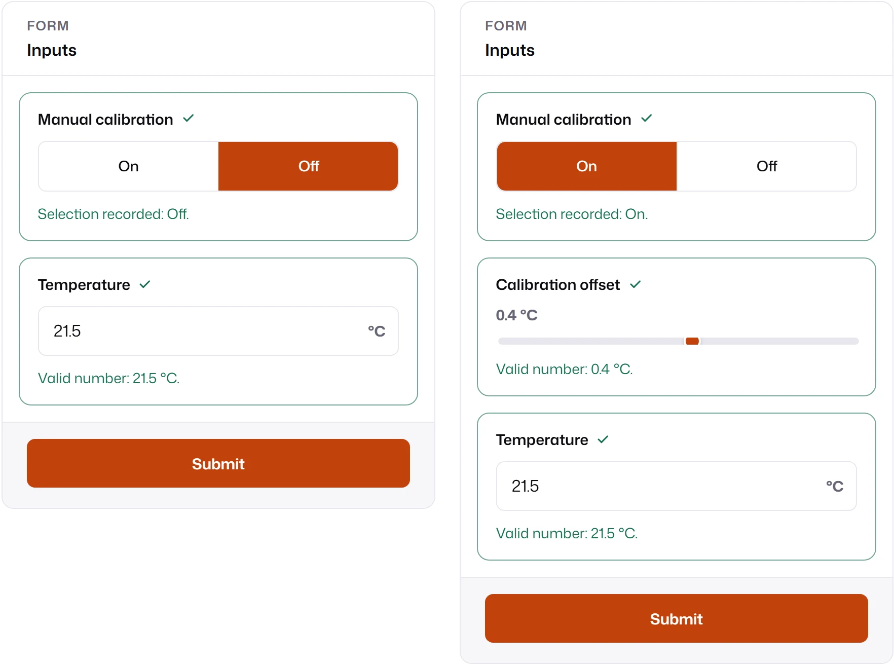 The same form mounted twice. On the left, Manual calibration is Off and only Temperature follows. On the right, Manual calibration is On and a Calibration offset slider appears between the two.