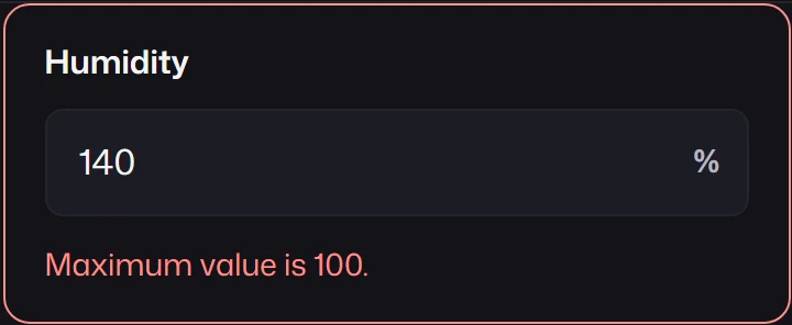 A Humidity field showing 140 % with the error Maximum value is 100.
