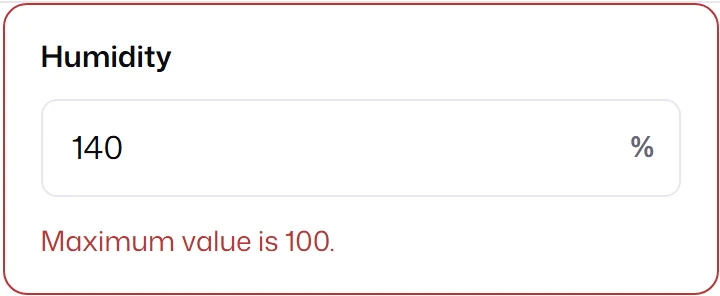 A Humidity field showing 140 % with the error Maximum value is 100.
