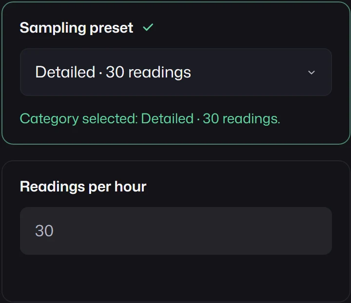 A Sampling preset select showing Detailed · 30 readings, and below it a read-only Readings per hour field showing 30.