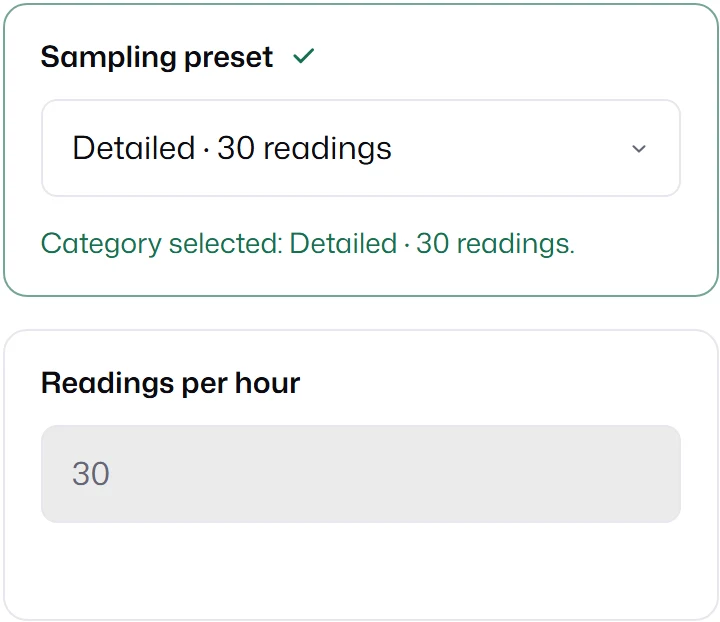 A Sampling preset select showing Detailed · 30 readings, and below it a read-only Readings per hour field showing 30.