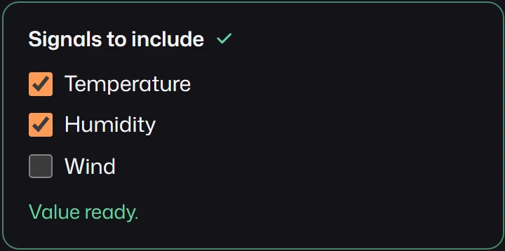 A Signals to include checkbox group with Temperature and Humidity checked and Wind unchecked.