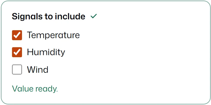 A Signals to include checkbox group with Temperature and Humidity checked and Wind unchecked.