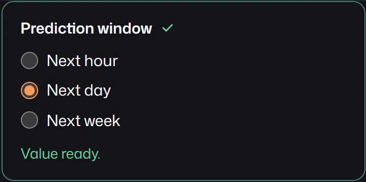 A Prediction window radio group with Next hour, Next day selected, and Next week.