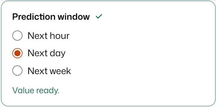 A Prediction window radio group with Next hour, Next day selected, and Next week.