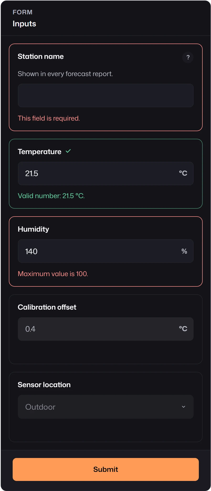 Five fields: an empty required Station name with an inline description and the error This field is required; a valid Temperature; Humidity 140 with Maximum value is 100; a read-only Calibration offset with a muted background; and a disabled Sensor location select.