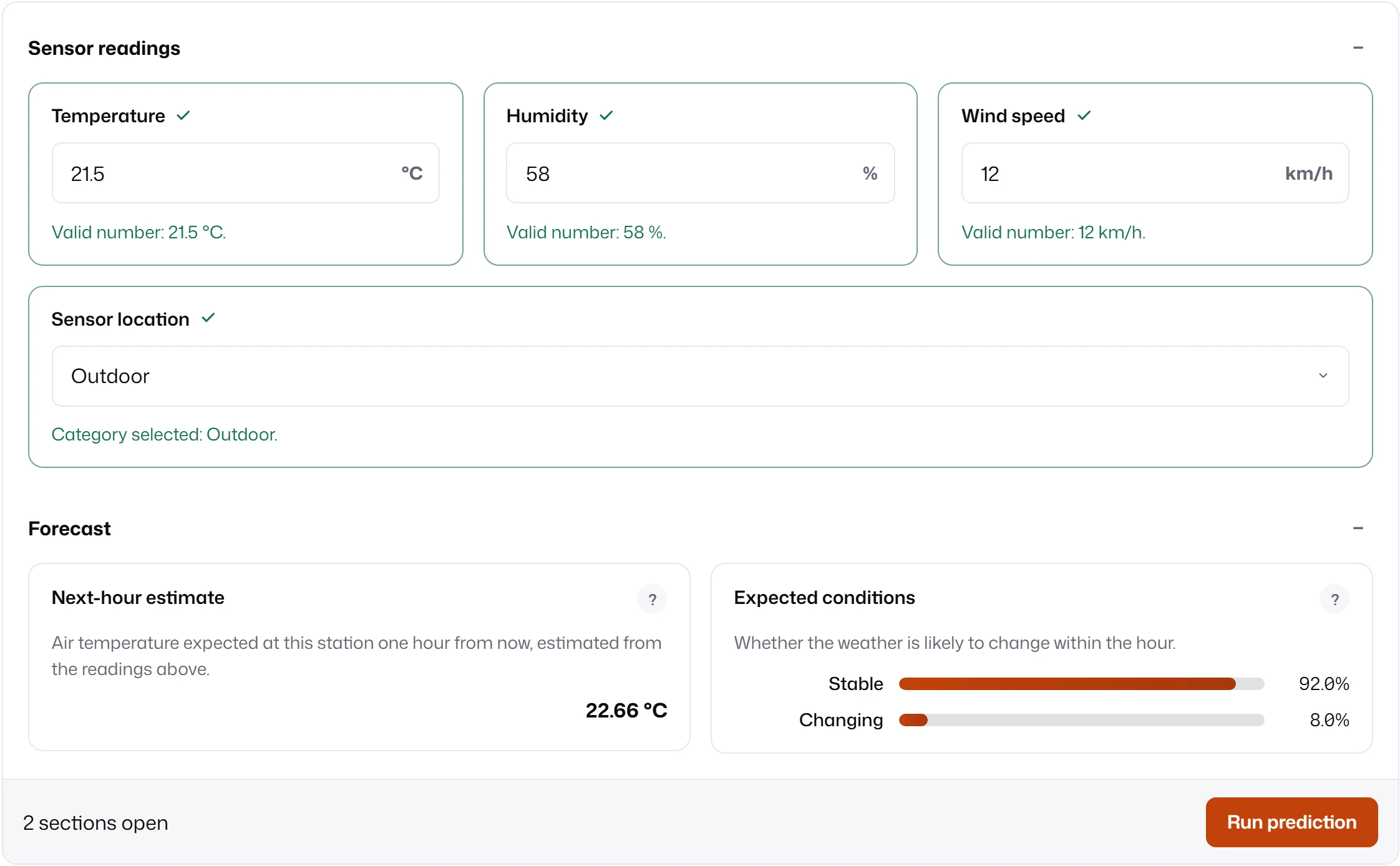 A weather-station form rendered by MLForm: temperature, humidity and wind speed in three columns, a sensor location select, and two reports below, a next-hour temperature estimate and a classifier with Stable 92% and Changing 8%.