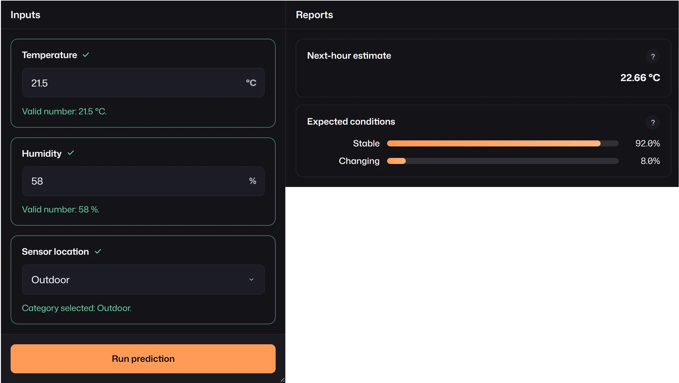 A wide form with an Inputs panel on the left holding Temperature, Humidity and Sensor location, and a Reports panel on the right with the next-hour estimate and the expected conditions.