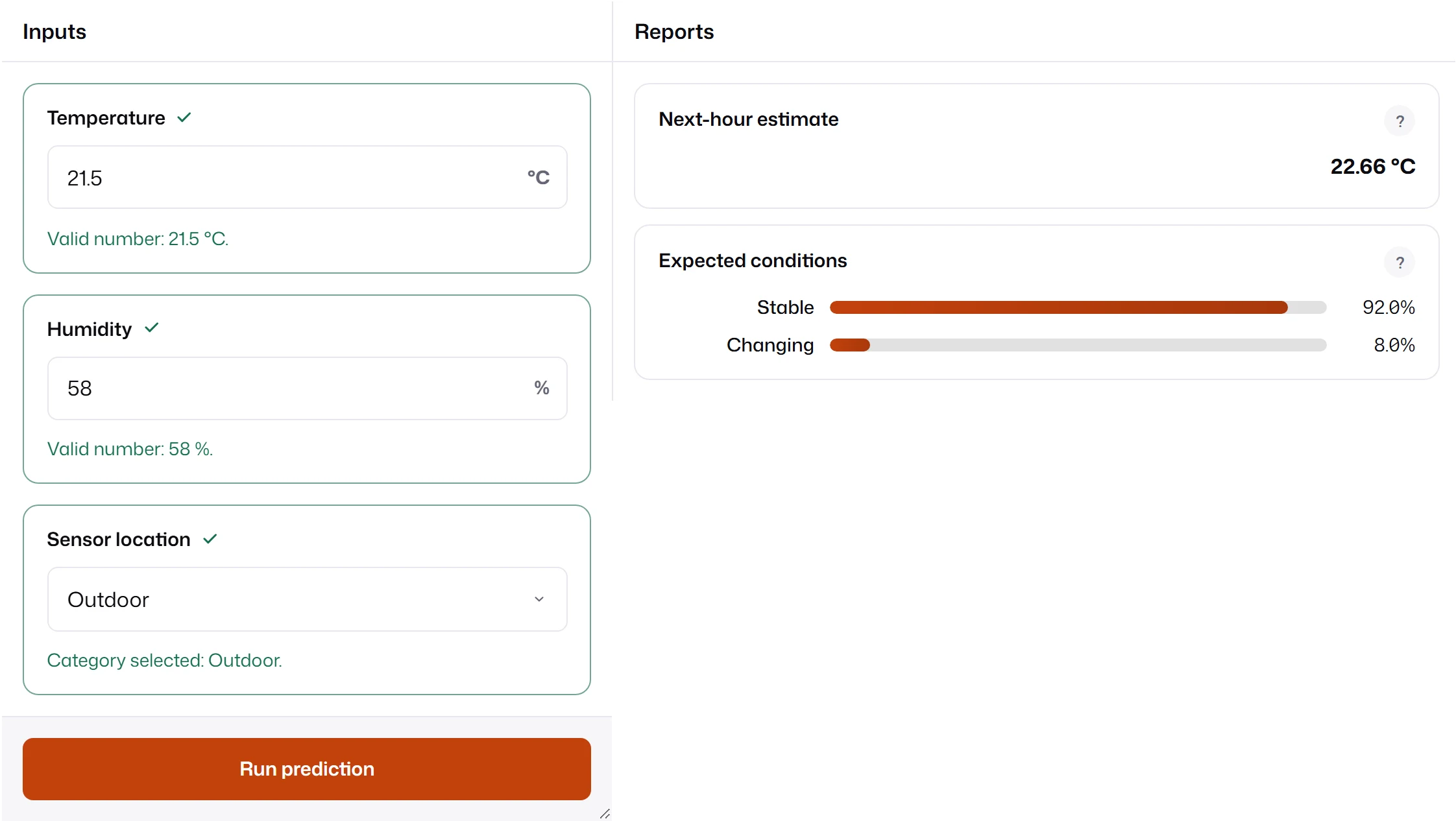 A wide form with an Inputs panel on the left holding Temperature, Humidity and Sensor location, and a Reports panel on the right with the next-hour estimate and the expected conditions.