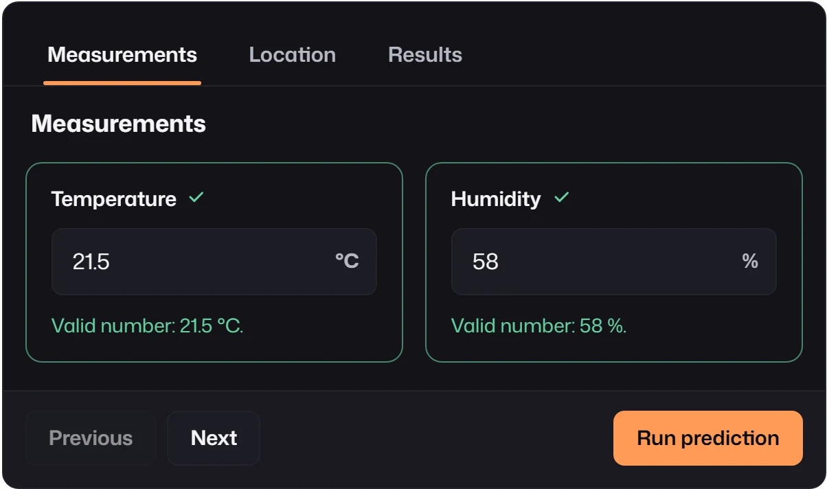 A tab list with Measurements, Location and Results; the Measurements tab is active and shows Temperature and Humidity, with Previous, Next and Run prediction below.