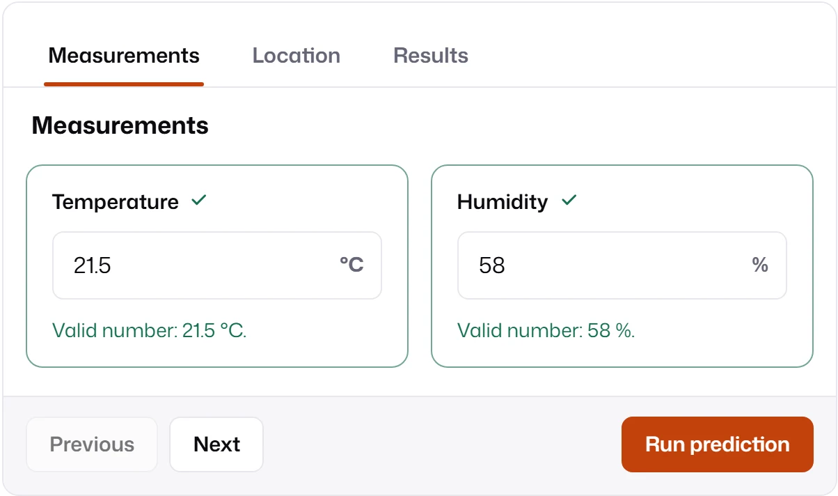 A tab list with Measurements, Location and Results; the Measurements tab is active and shows Temperature and Humidity, with Previous, Next and Run prediction below.