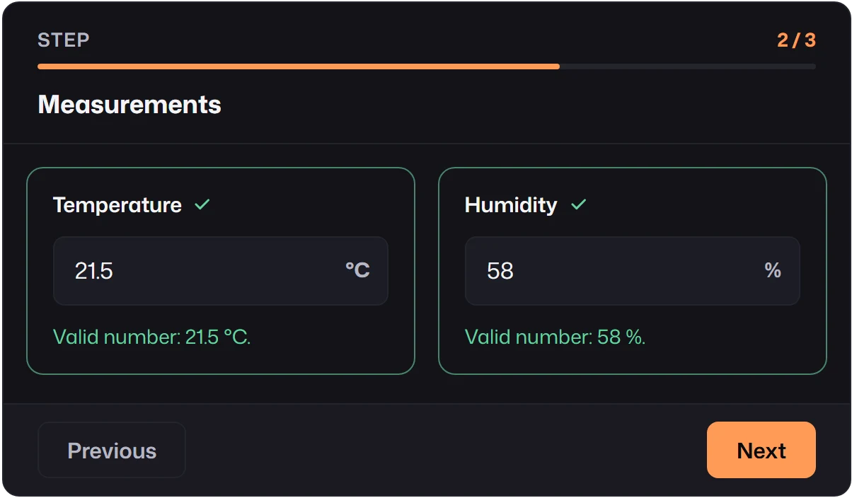 Step 2 of 3, Measurements, with Temperature and Humidity side by side, a progress bar two thirds full, and Previous and Next buttons.