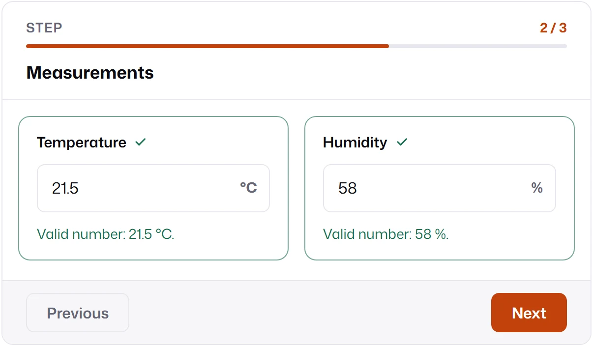 Step 2 of 3, Measurements, with Temperature and Humidity side by side, a progress bar two thirds full, and Previous and Next buttons.