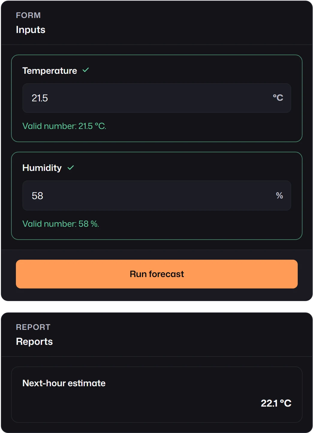 A form with Temperature 21.5 °C and Humidity 58 %, both marked valid, a Run forecast button, and a Reports panel showing Next-hour estimate 22.1 °C.