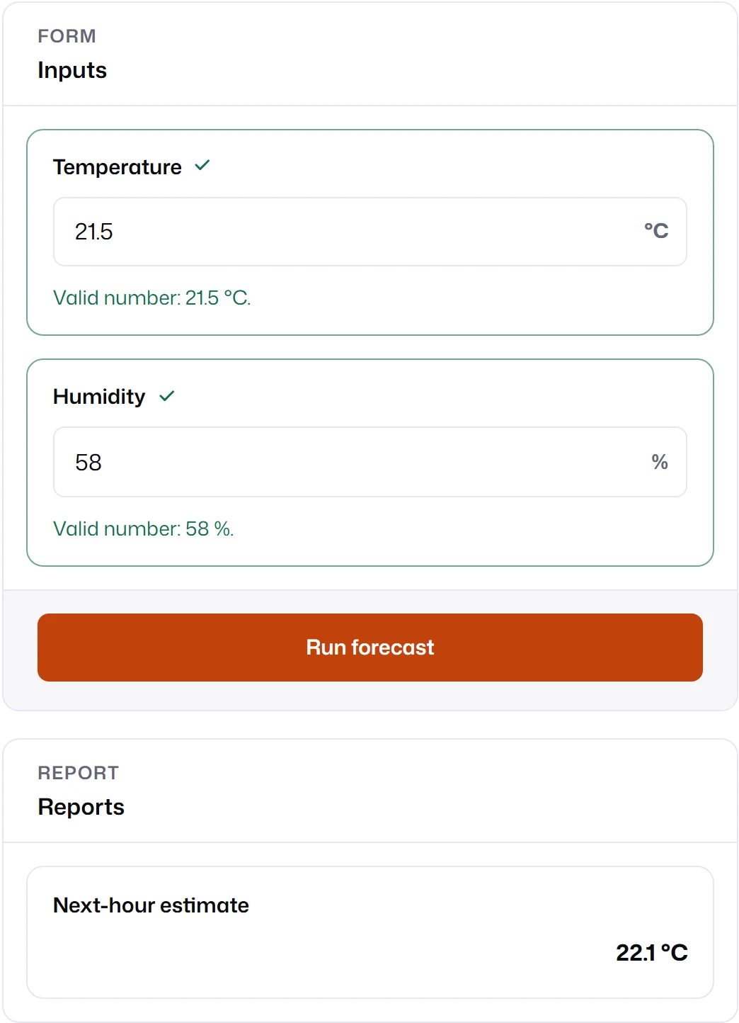 A form with Temperature 21.5 °C and Humidity 58 %, both marked valid, a Run forecast button, and a Reports panel showing Next-hour estimate 22.1 °C.