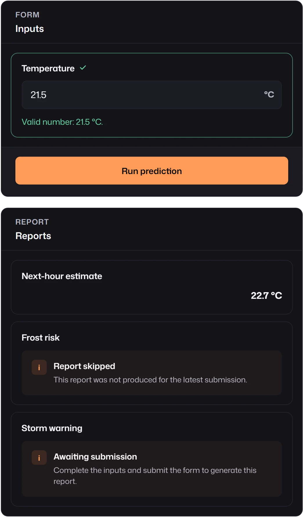 A temperature field and three reports: Next-hour estimate showing 22.7 °C, Frost risk showing Report skipped, and Storm warning showing Awaiting submission because no envelope matched it.