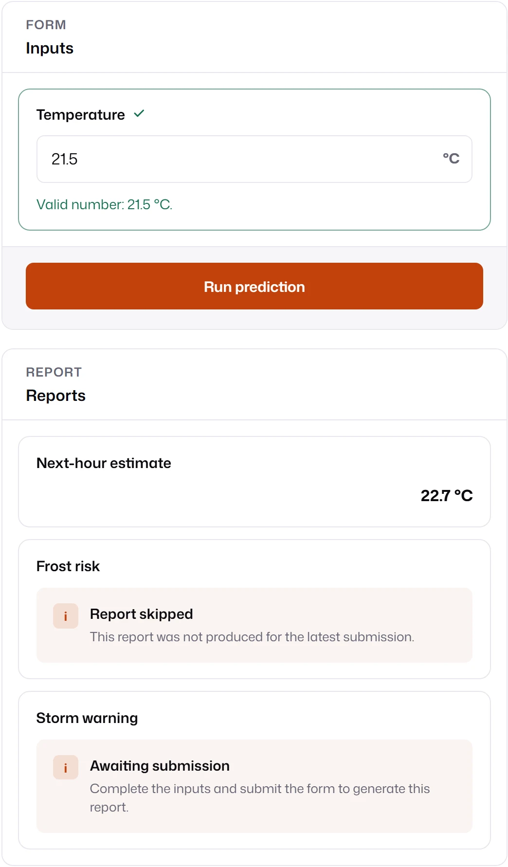 A temperature field and three reports: Next-hour estimate showing 22.7 °C, Frost risk showing Report skipped, and Storm warning showing Awaiting submission because no envelope matched it.