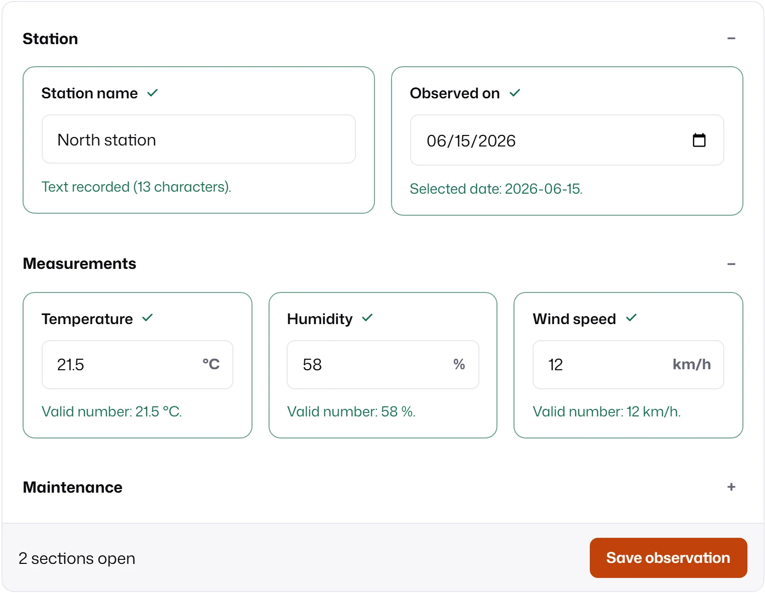 Three sections: Station with name and date in two columns, Measurements with temperature, humidity and wind speed in three columns, and a collapsed Maintenance section. The footer reads 2 sections open.