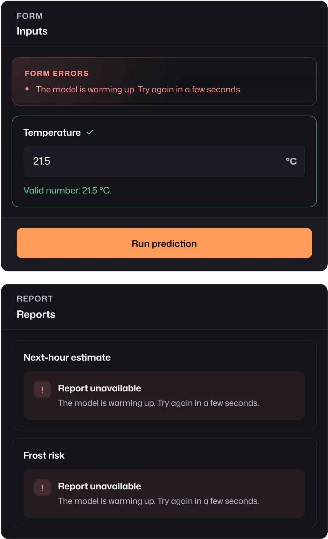 A form whose Form errors box reads The model is warming up. Try again in a few seconds. Below, both reports show Report unavailable with the same message.