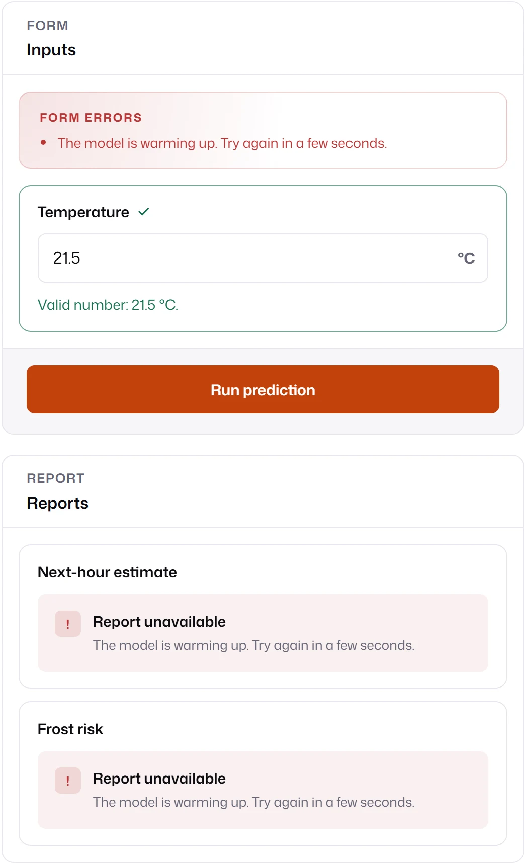 A form whose Form errors box reads The model is warming up. Try again in a few seconds. Below, both reports show Report unavailable with the same message.