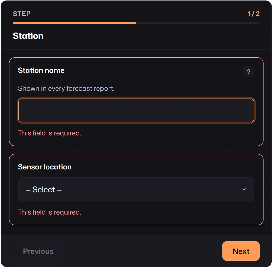 Step 1 of 2, Station, after pressing Next: Station name and Sensor location both show This field is required, and the wizard stays on step 1.